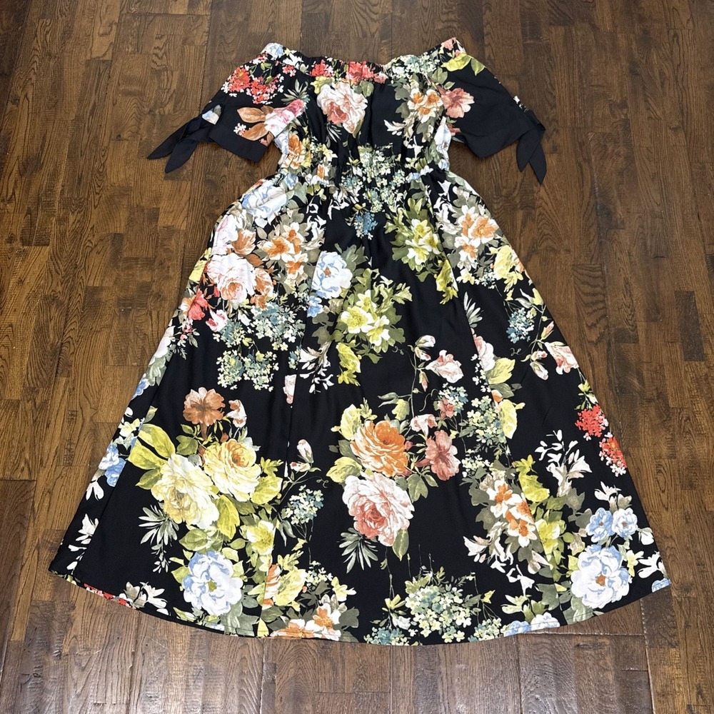 eShakti Custom Floral Maxi Dress Black Multi Pockets L/XL Fit Cotton EUC